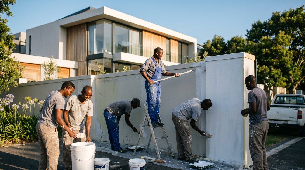 Professional team painting a boundary wall at a modern home in Malmesbury