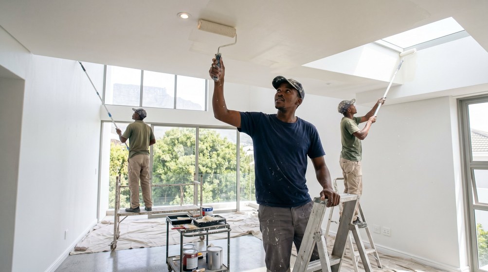 Professional ceiling painters rolling white paint onto a high ceiling in Malmesbury