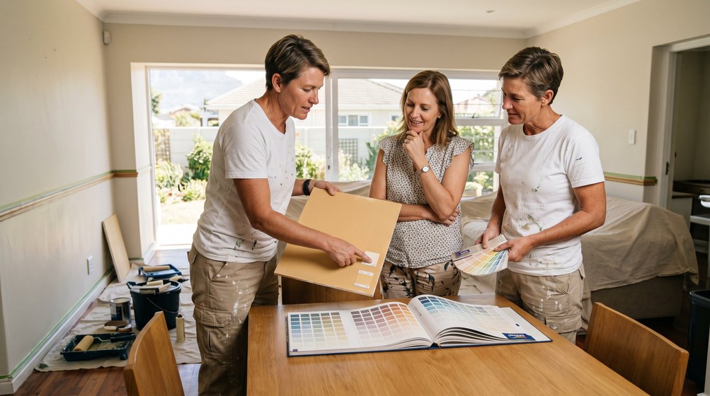 Professional colour consultant showing paint swatches to a homeowner in Malmesbury