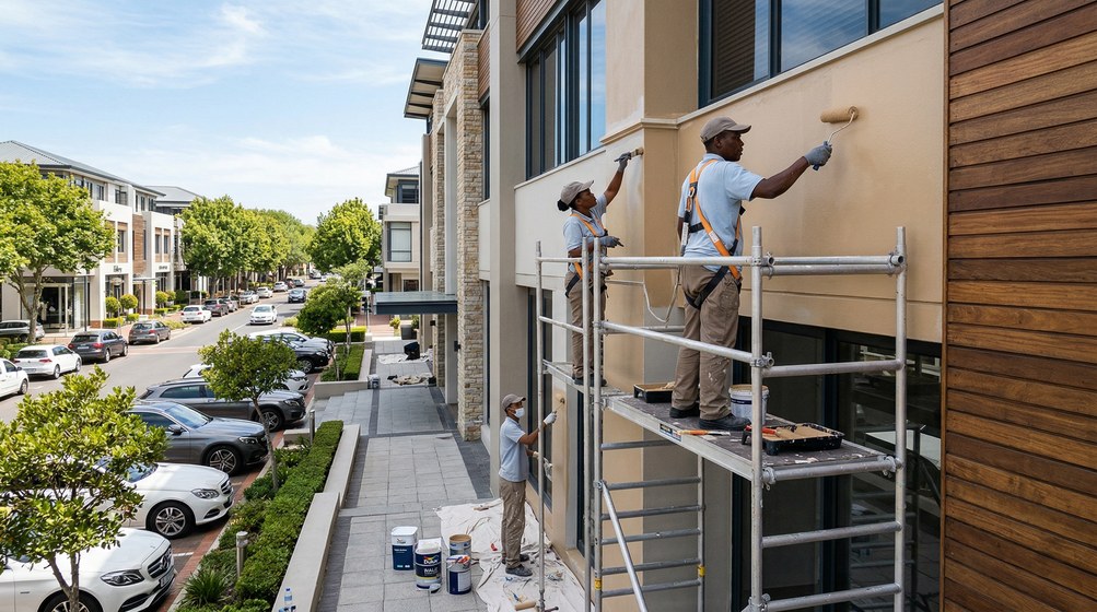 Professional commercial painters on scaffolding painting a building on the Swartland