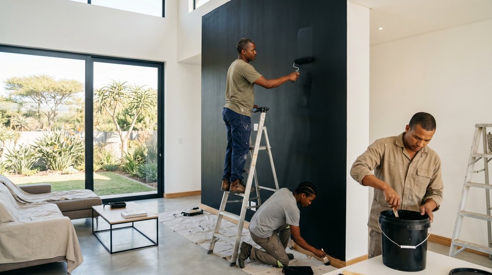 Professional painters creating a bold black feature wall in a modern Malmesbury home