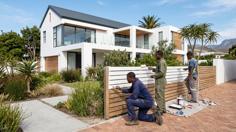 Professional fence painters painting a wooden fence at a coastal home in Malmesbury