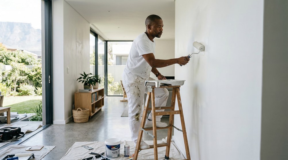 Professional interior painter in Malmesbury painting walls with a roller