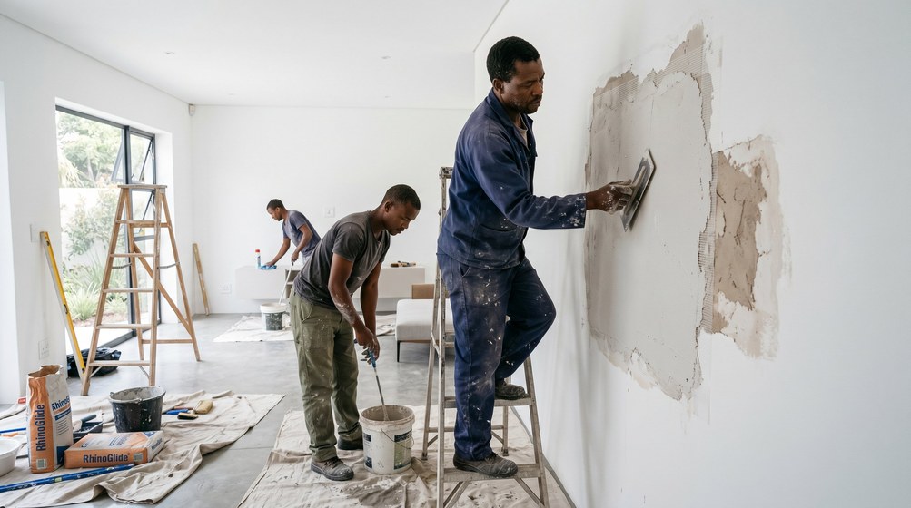 Professional plaster repair team skim coating damaged walls in Malmesbury
