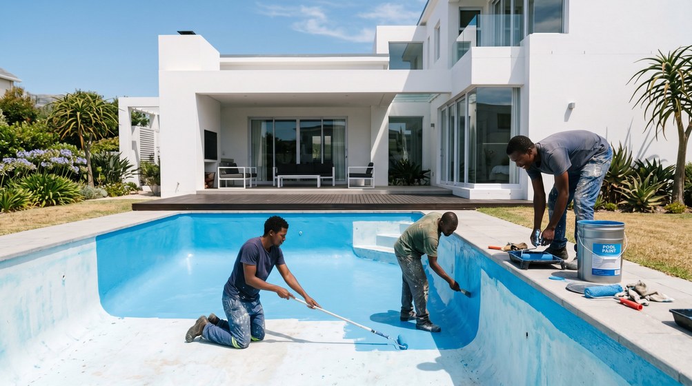 Professional pool painters applying blue pool paint to a swimming pool in Malmesbury