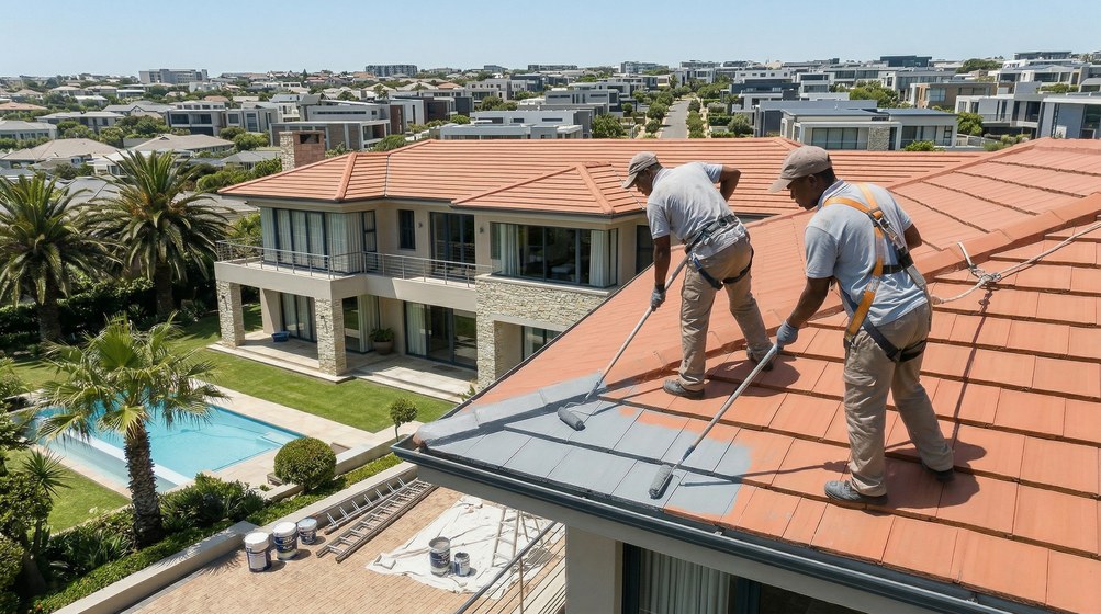 Professional roof painters applying waterproof coating to tiled roof in Malmesbury