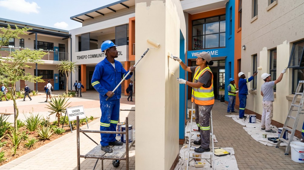 Professional school painting team painting a community school on the Swartland