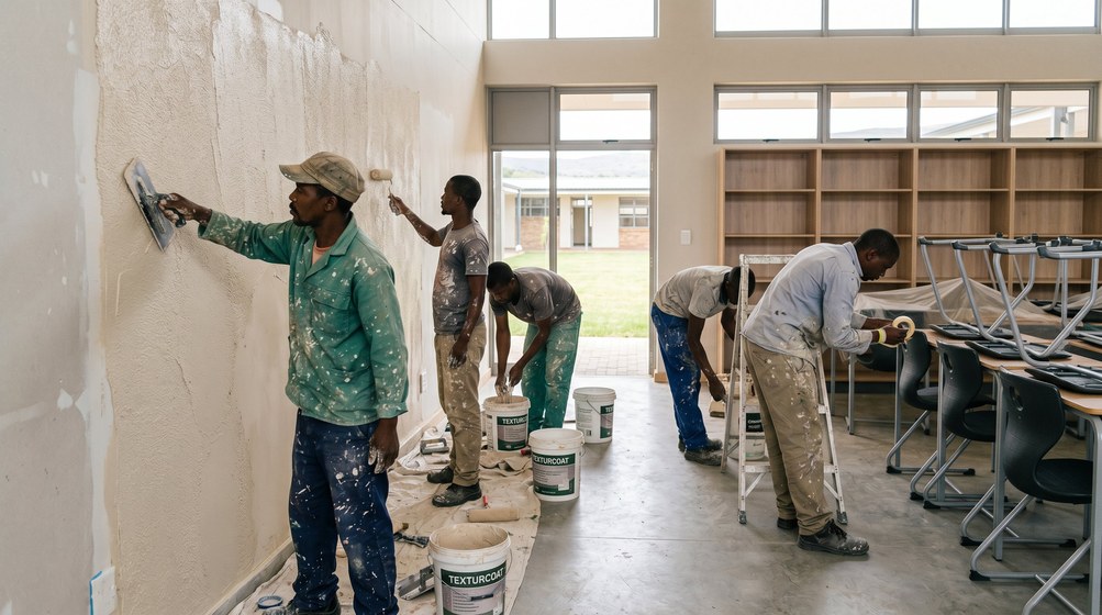 Professional texture coating team applying Texturcoat to interior walls in Malmesbury