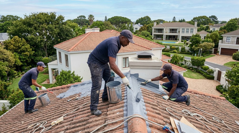 Professional waterproofing team applying membrane to roof in Malmesbury