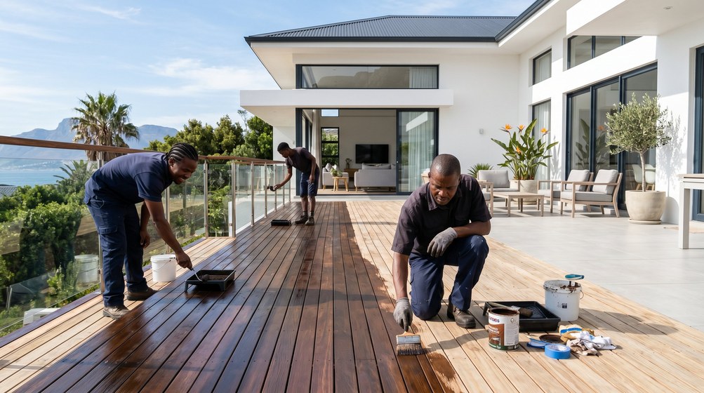 Professional wood staining team applying deck stain overlooking the ocean in Malmesbury